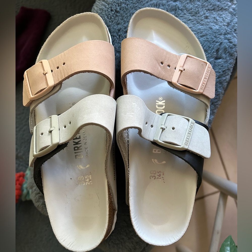 Leather Birkenstocks SZ 38 narrow sole; pink and white leather. Only tried on.